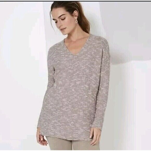 J Jill Pure Jill Tan V Neck Cotton Blend Knit Sweater Medium - Picture 1 of 7